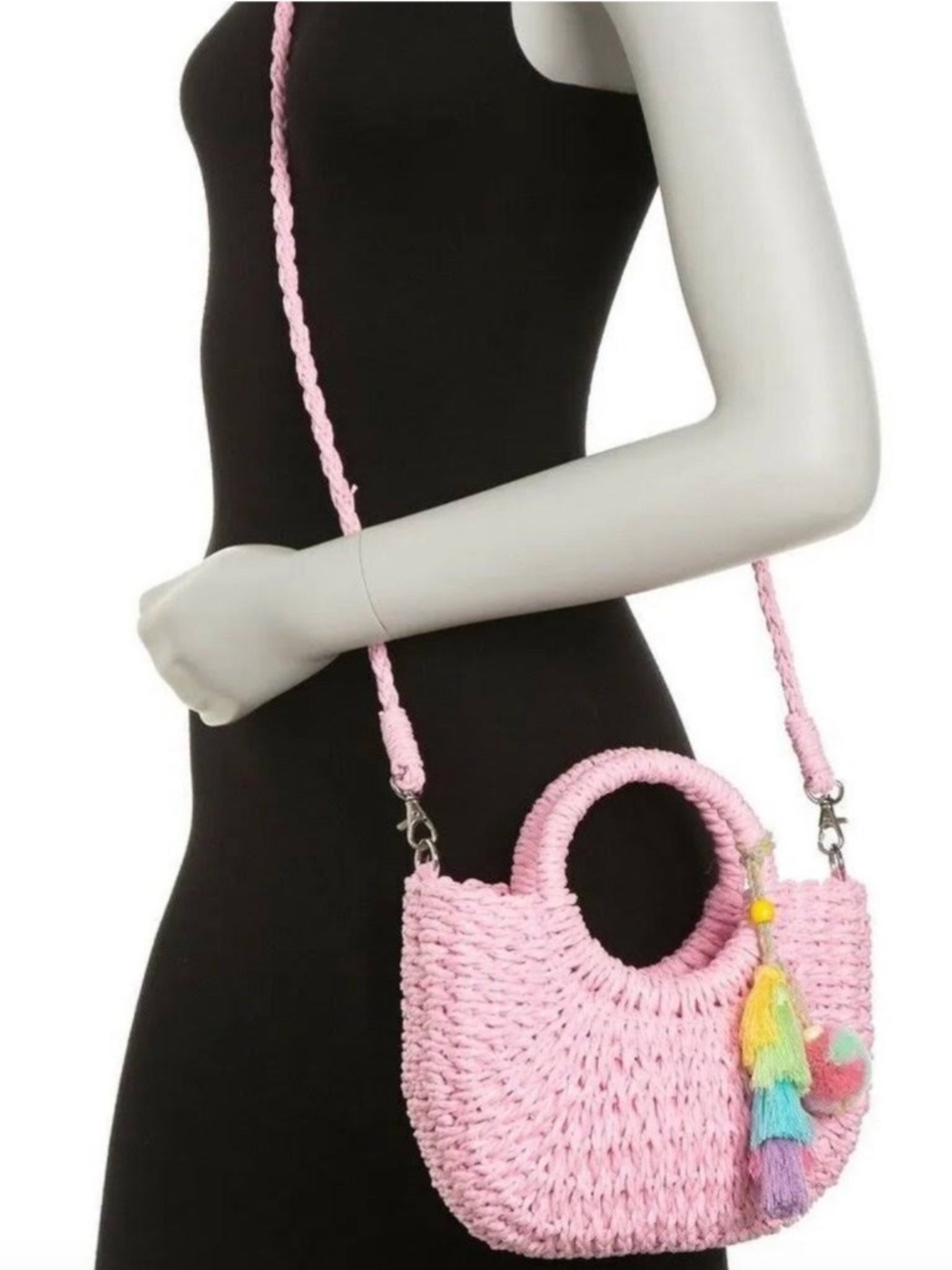 Most Wanted USA Pastel Pink Straw Top Handle Crossbody Boho Bag Tassels PomPom - Picture 2 of 12